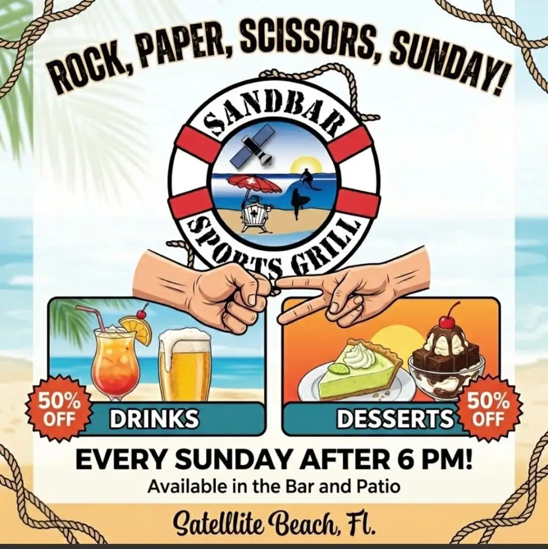Come play our staff in rock paper scissors to win 1/2 price drinks and dessert after 6pm!